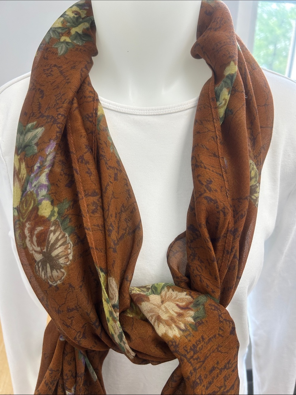 Patricia Nash English Garden Floral Signature Map Wrap Rectangular Brown Scarf